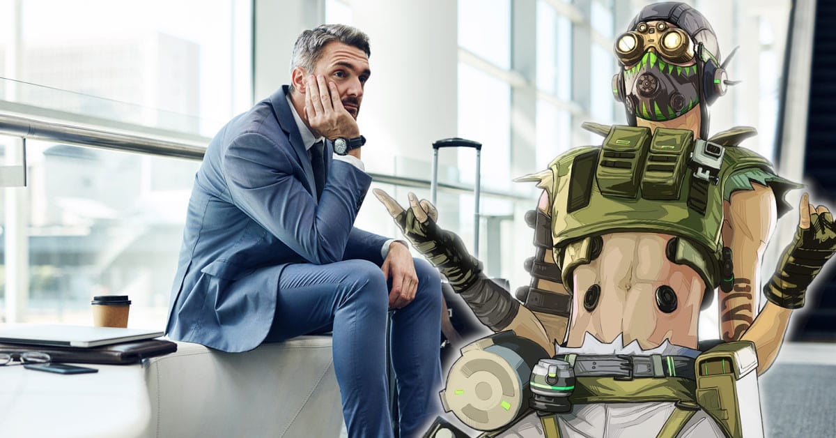 Homem liga PS4 em monitor de aeroporto para jogar Apex Legends