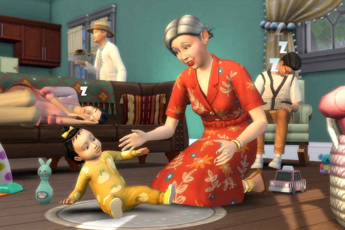 Imagem de uma Sim cuidando de um beb&ecirc; no The Sims 4.