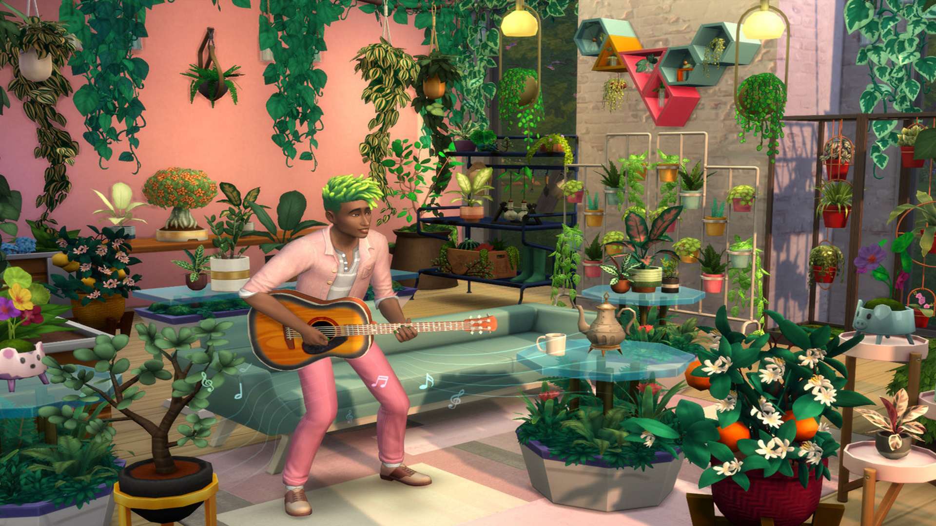 Imagem de um Sim tocando viol&atilde;o em seu quarto do The Sims 4. Introduzindo cheats de the sims 4.