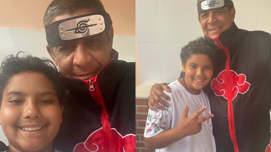 Zeca Pagodinho veste manto da Akatsuki para brincar com neto