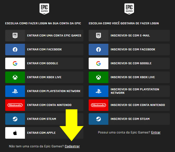 Tela de Login e cadastro na Epic Games Store, em portugu&ecirc;s.