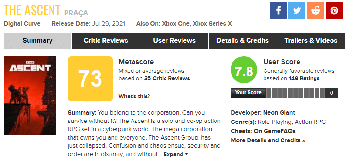 The Ascent Ultrapassa Cyberpunk 2077 em preferencia de usu&aacute;rio no Metacritic