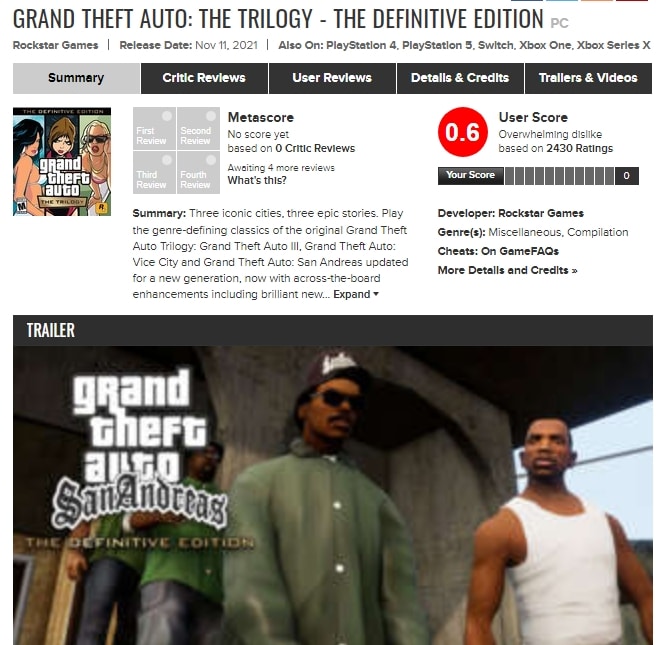 GTA The Trilogy | Game tem uma das piores notas do p&uacute;blico na hist&oacute;ria do Metacritic