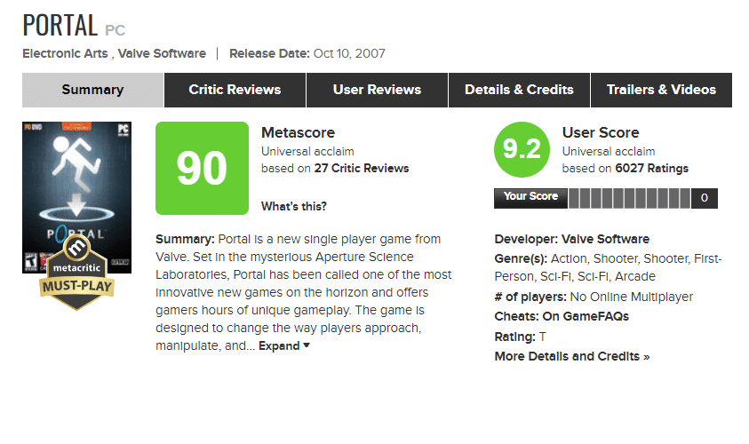 Print da nota de Portal no portal Metacritic