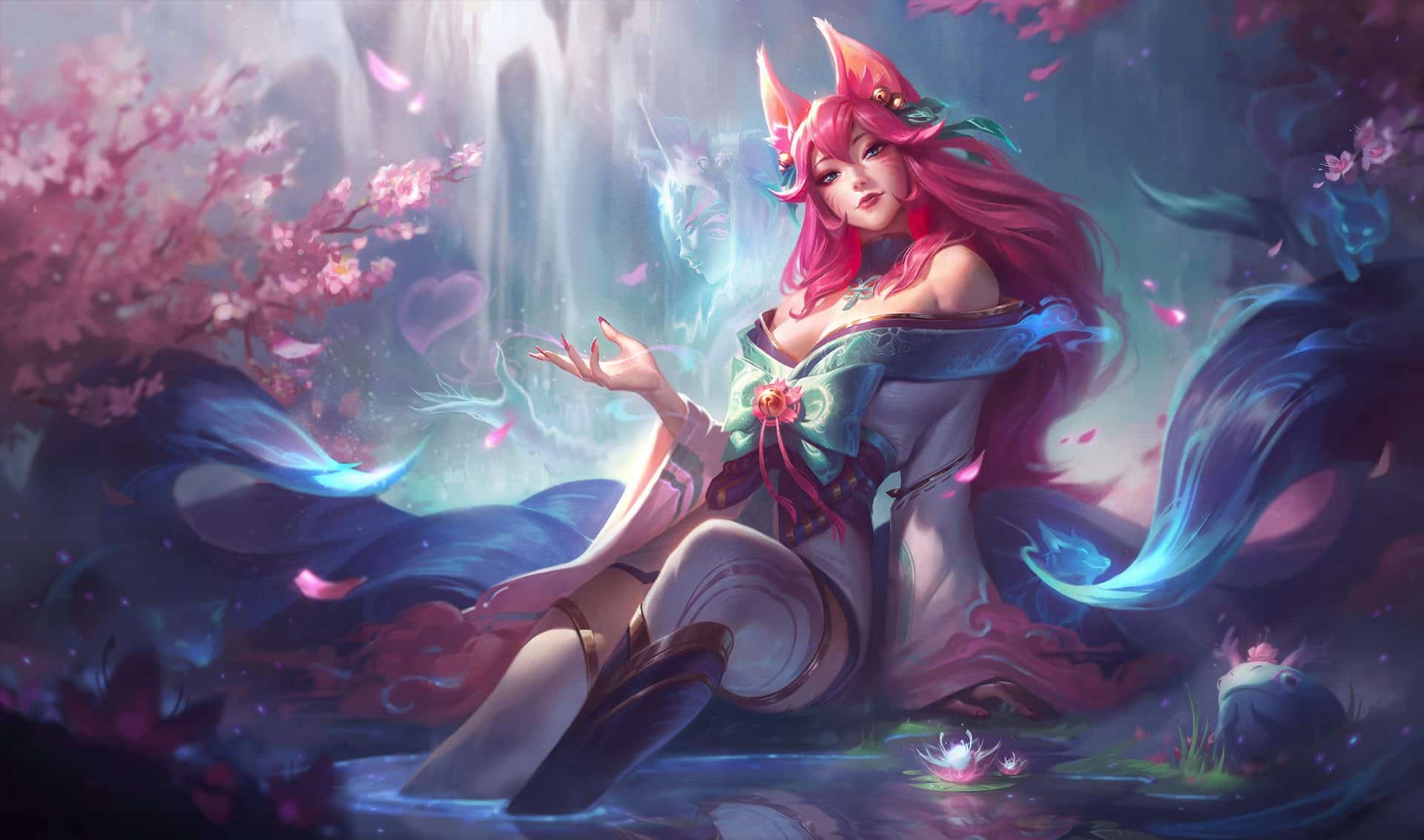 Splash art da skin Ahri Florescer Espiritual