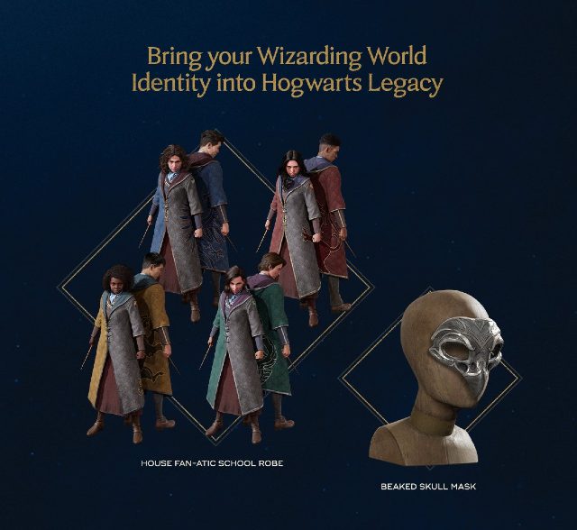 Imagens da M&aacute;scara de Caveira com Bico e as Vestes Escolares da Casa F&atilde;-n&aacute;tico, dispon&iacute;veis em Hogwarts Legacy