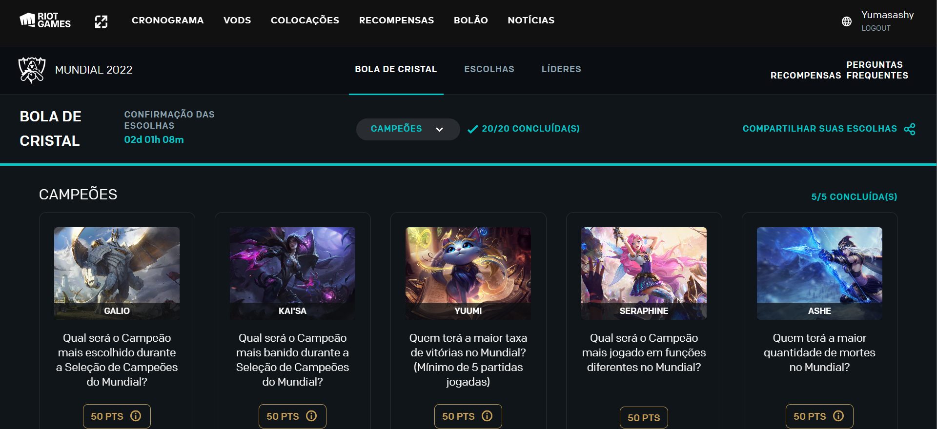 Interface do Pick'em 2022