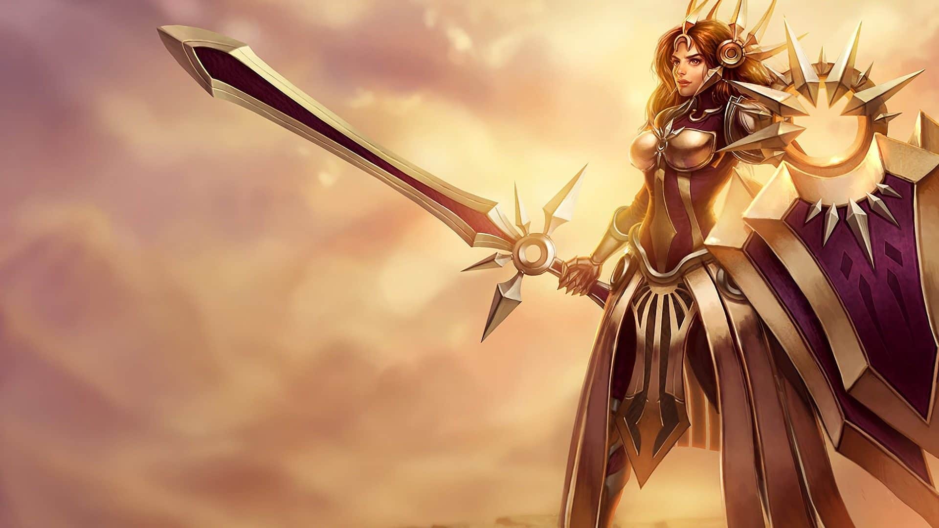Splash art da campe&atilde; Leona, a Alvorada Radiante, do League of Legends