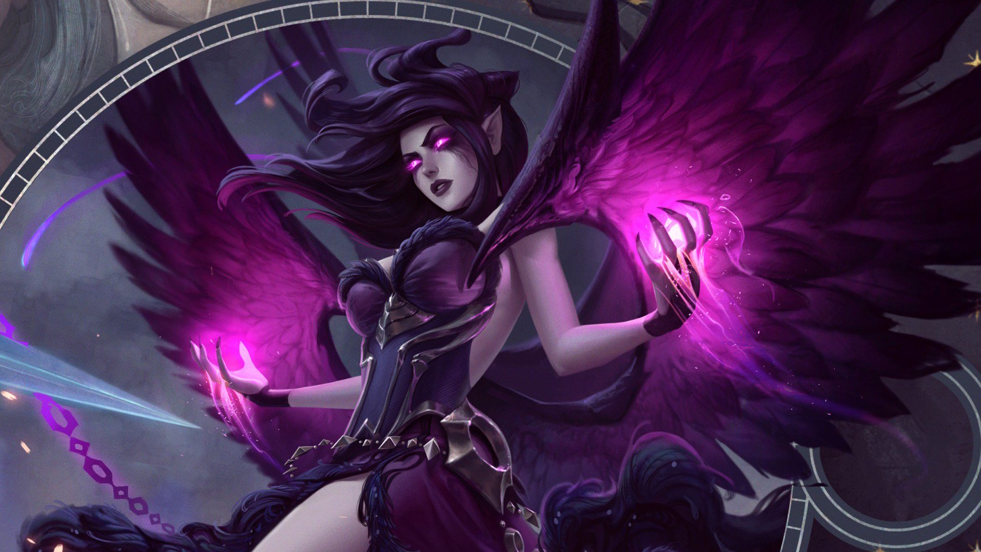 Splash art da campe&atilde; Morgana, a Ca&iacute;da, do League of Legends