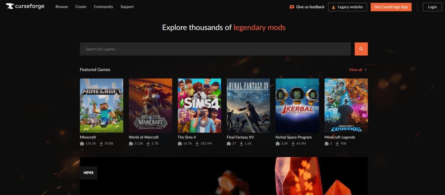 Imagem da Interface do site Curse Forge - 50 Melhores Mods para Minecraft PC