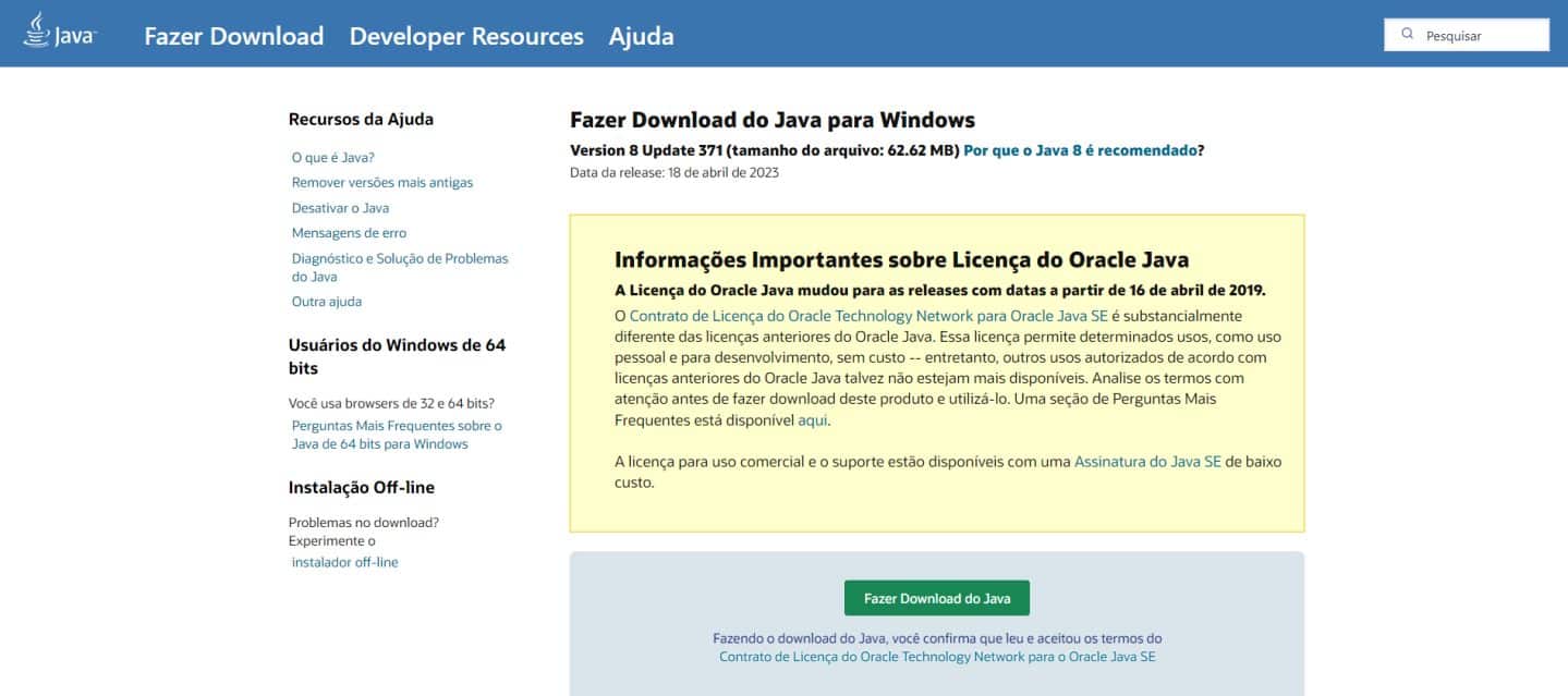 Imagem da interface do site Java - Oracle - 50 Melhores Mods para Minecraft PC