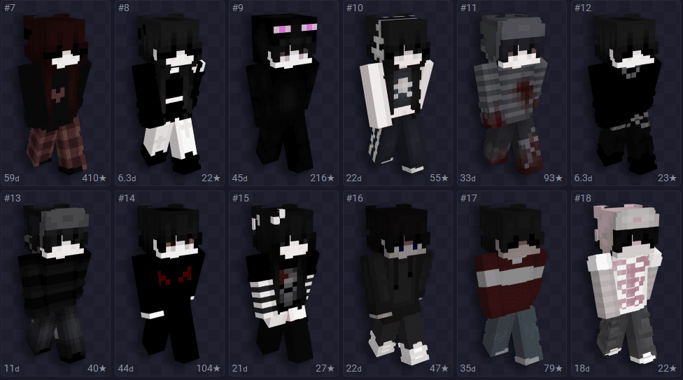 Lista incluindo skin de Minecraft feminina na tem&aacute;tica emo / dark.