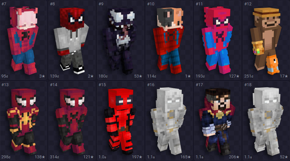 Lista incluindo skin para Minecraft masculina na tem&aacute;tica da Marvel.