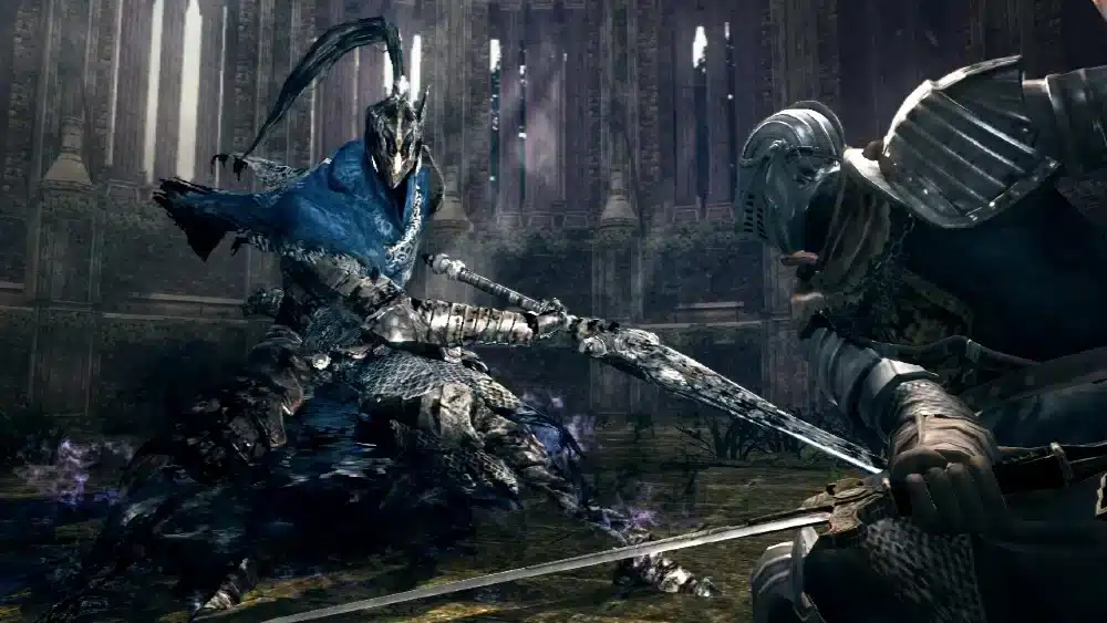 Imagem do personagem Morto-Vivo, o escolhido, lutando contra Artorias the Abysswalker. (Divulga&ccedil;&atilde;o / Internet)