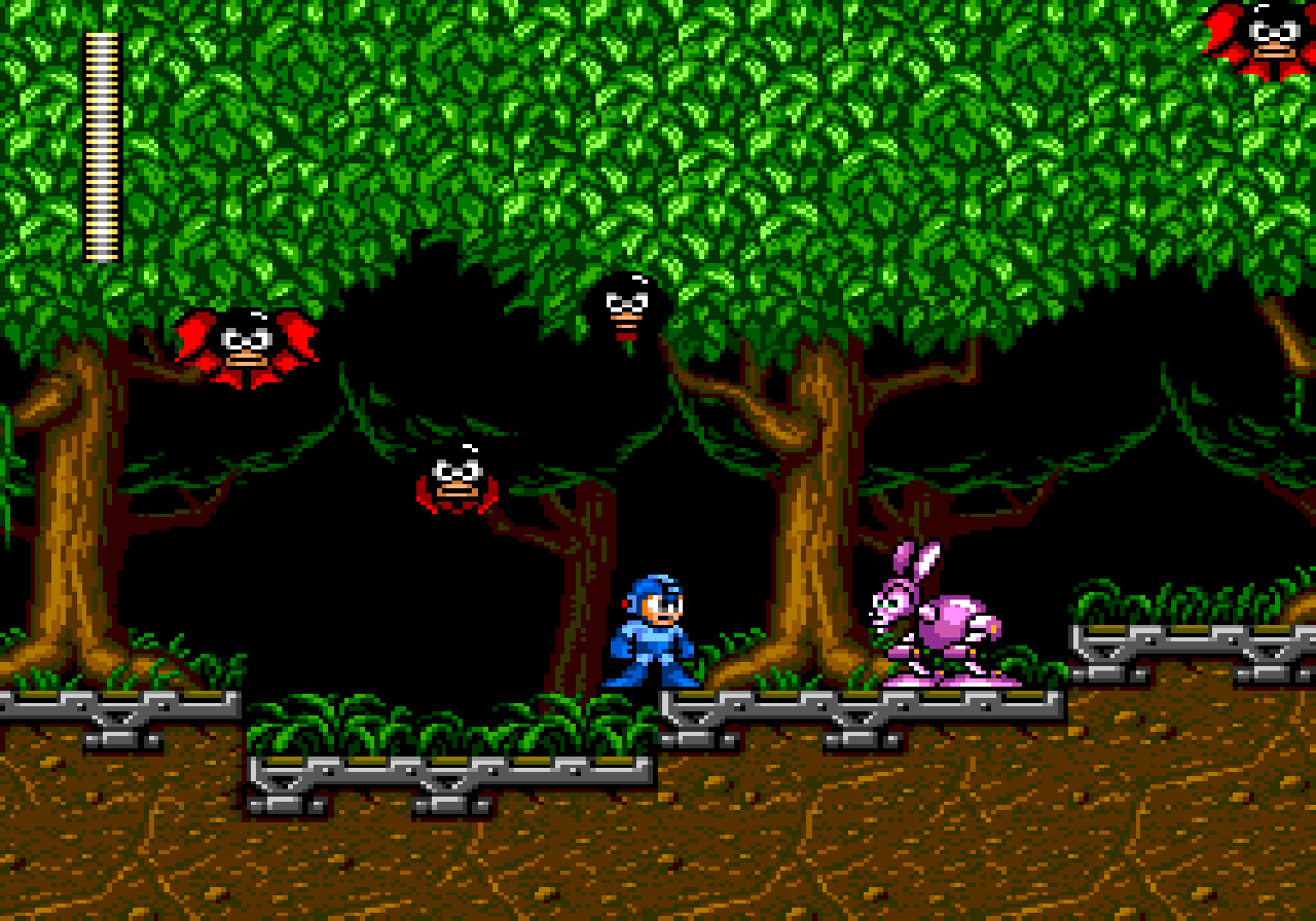 Fase "Floresta" com o protagonista e seus inimigos em Mega Man: The Wily Wars. (Divulga&ccedil;&atilde;o / Internet)