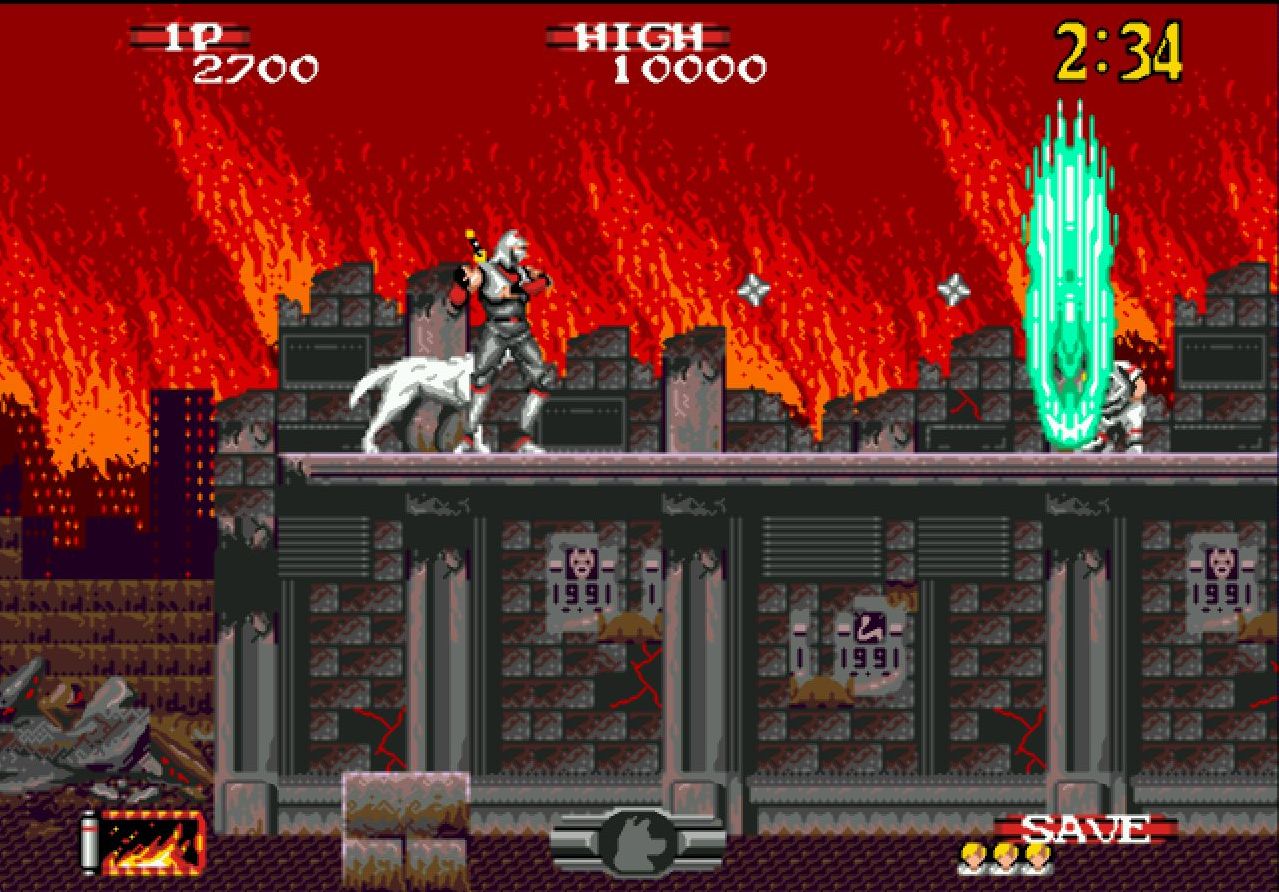 Imagem de Joe Musashi e seu companheiro contra inimigos do game "Shadow Dancer: The Secret of Shinobi". (Divulga&ccedil;&atilde;o / Internet)