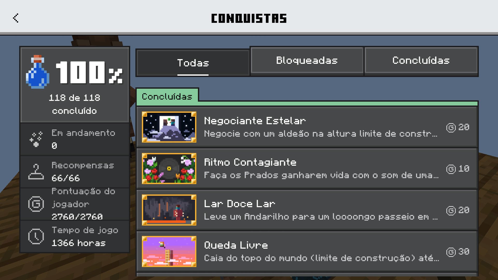 Foto que demonstra a tela de conquistas / trof&eacute;us de Minecraft. (Divulga&ccedil;&atilde;o / Internet)