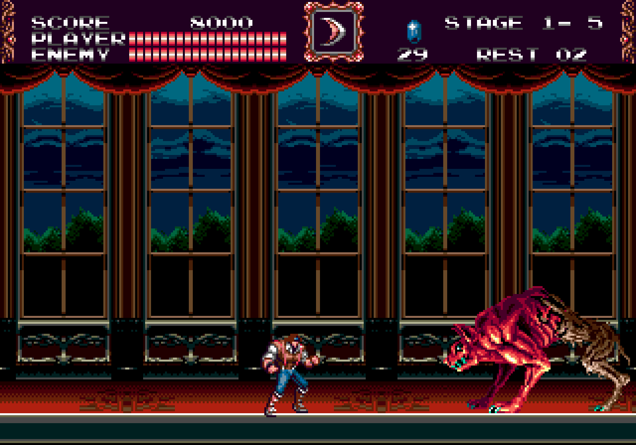 Imagem da batalha contra o Boss "Hellhound" do jogo Castlevania: Bloodlines. (Divulga&ccedil;&atilde;o / Internet)