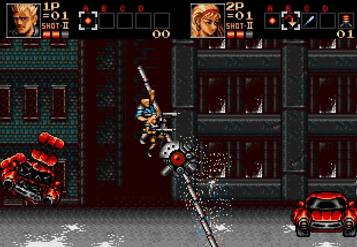 Imagem do game Contra: Hard Corps no modo de dois jogadores. (Divulga&ccedil;&atilde;o / Internet)