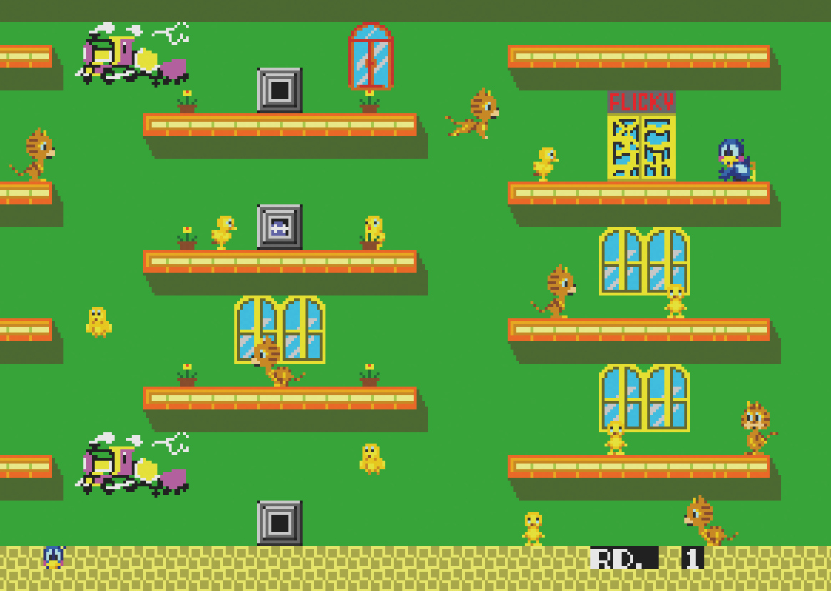 Foto do protagonista e dos inimigos na fase mais memor&aacute;vel do jogo Flicky. (Divulga&ccedil;&atilde;o / Internet)