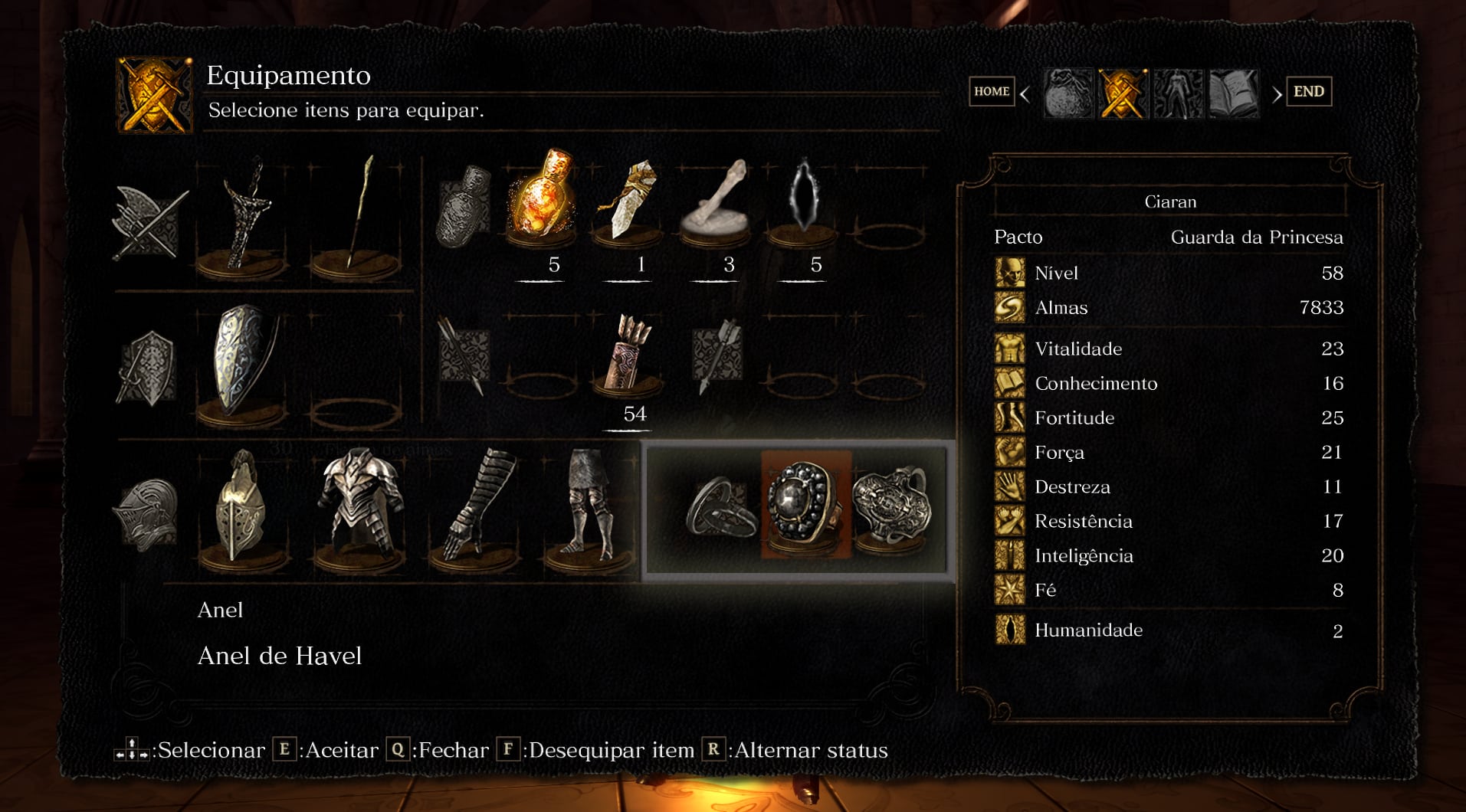 Foto destacando os an&eacute;is no invent&aacute;rio do personagem em Dark Souls Remastered. (Divulga&ccedil;&atilde;o / Internet)