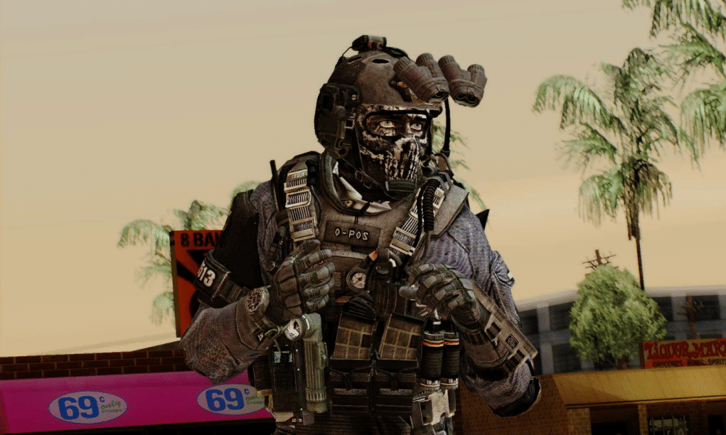 Imagem do personagem Ghost da franquia CoD em GTA San Andreas. (Duvulga&ccedil;&atilde;o / Internet)