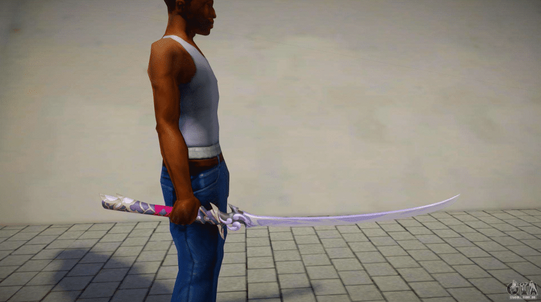 Imagem de CJ segurando a katana da t&eacute;cnica Musou no Hitotachi de Genshin Impact. (Divulga&ccedil;&atilde;o / GTA All)