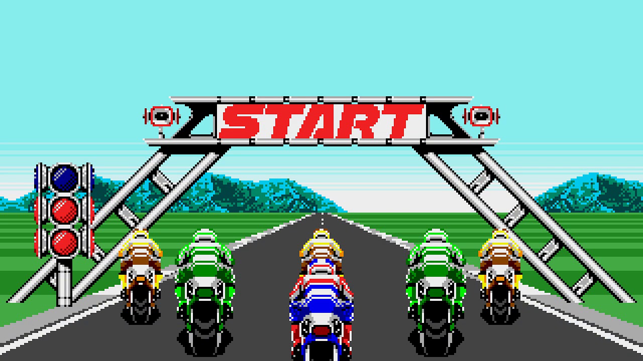 Imagem da Largada da corrida de motocicleta, no game "Super Hang-On". (Divulga&ccedil;&atilde;o / Internet)