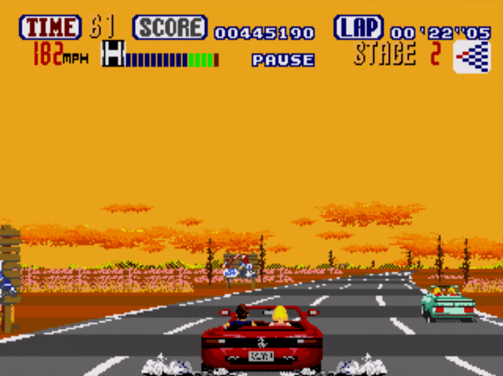 Imagem do cen&aacute;rio "Desert Highway" no jogo "Outrun". (Divulga&ccedil;&atilde;o / Internet)
