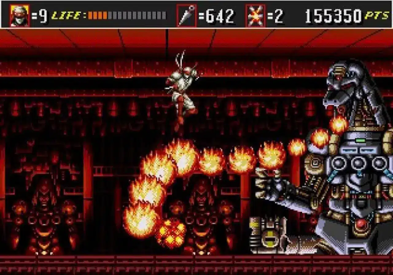 Imagem de uma batalha entre o protagonista e um dos bosses do jogo "Shinobi III: Return of the Ninja Master". (Divulga&ccedil;&atilde;o / Internet)