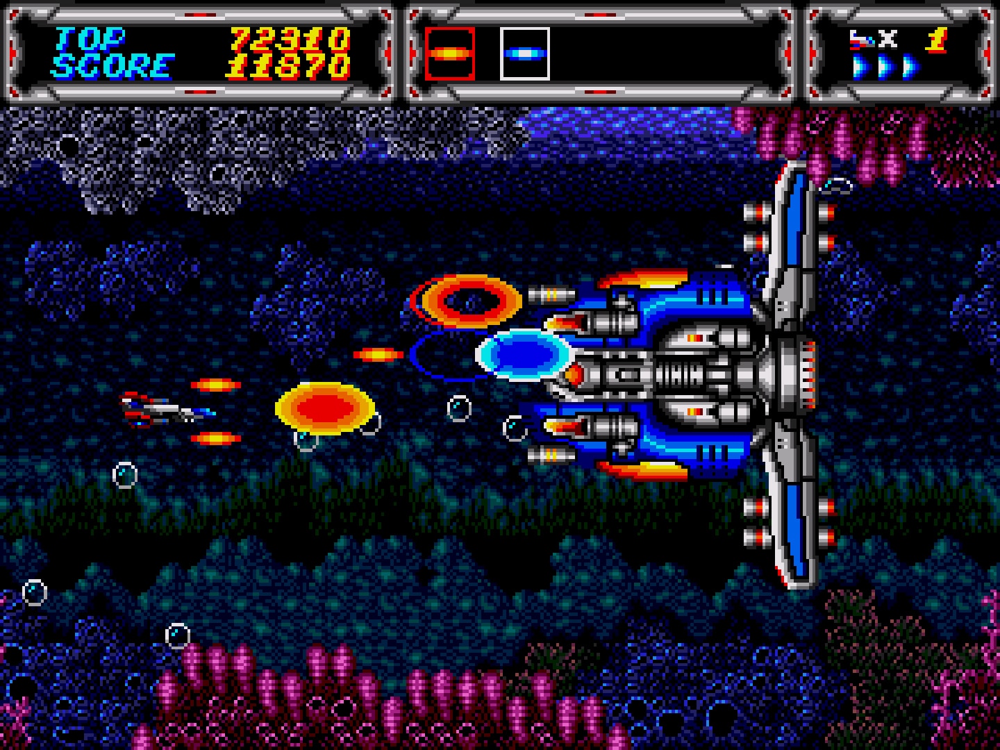 Imagem da batalha do jogador contra um chefe do game "Thunder Force III". (Divulga&ccedil;&atilde;o / Internet)