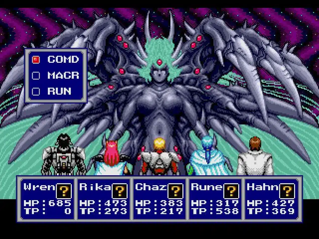 Imagem do combate contra o boss "The Profound Darkness" de Phantasy Star IV: The End of the Millennium. (Divulga&ccedil;&atilde;o / Internet)