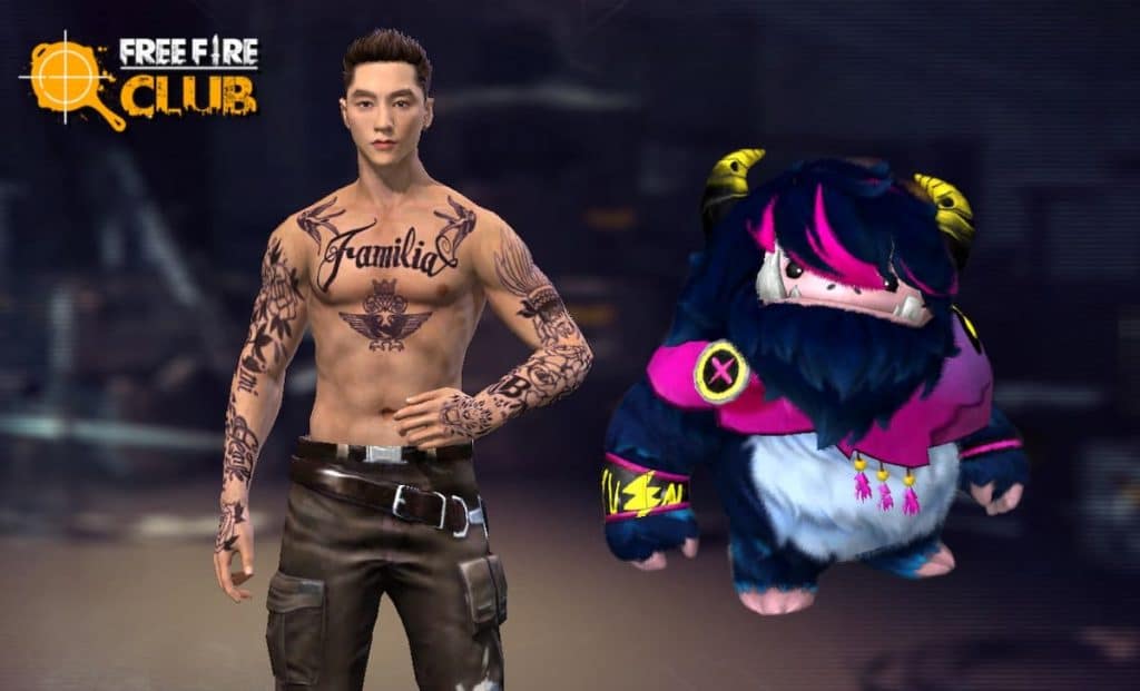 Imagem de Free Fire Club com um personagem tatuado e seu animal de estima&ccedil;&atilde;o. (Divulga&ccedil;&atilde;o / Internet)