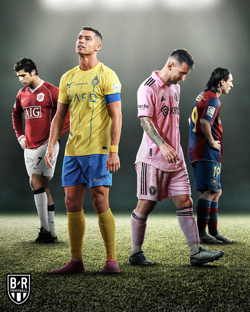 Montagem com o Cristiano Ronaldo e Messi atuais ao lado de suas vers&otilde;es de 2008.