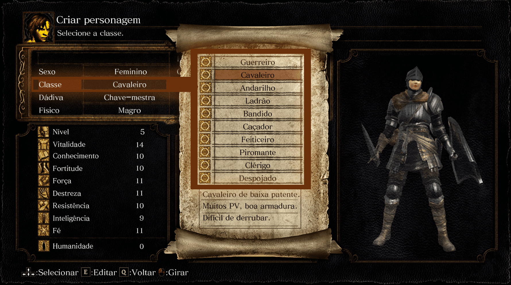 Destaque das op&ccedil;&otilde;es de classes dispon&iacute;veis em Dark Souls Remastered. (Divulga&ccedil;&atilde;o / Internet)
