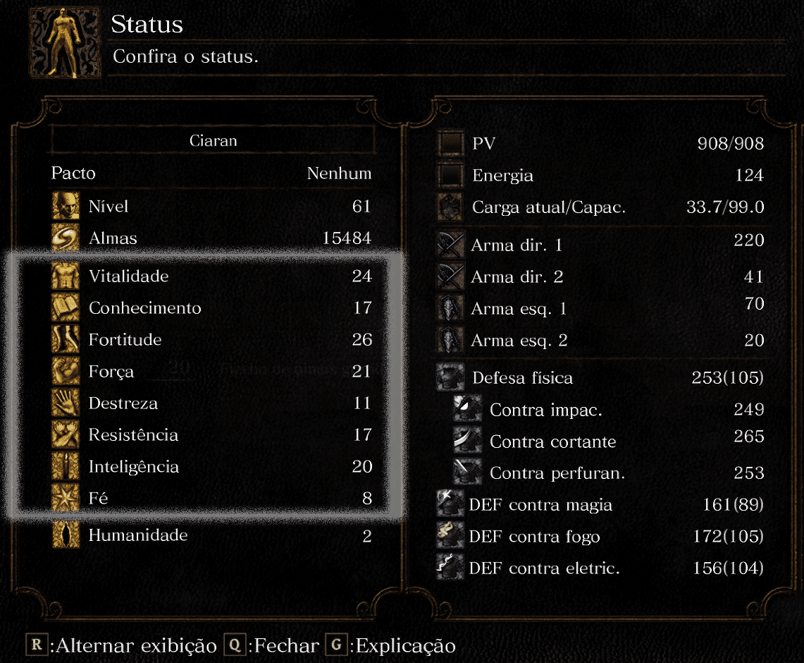 Imagem ilustrativa dos atributos do personagem de Dark Souls Remastered. (Divulga&ccedil;&atilde;o / Internet)