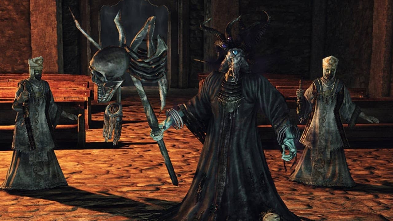 Imagem dos chefes "Mago Vaqueador e a Congrega&ccedil;&atilde;o" de Dark Souls 2. (Divulga&ccedil;&atilde;o / Internet)