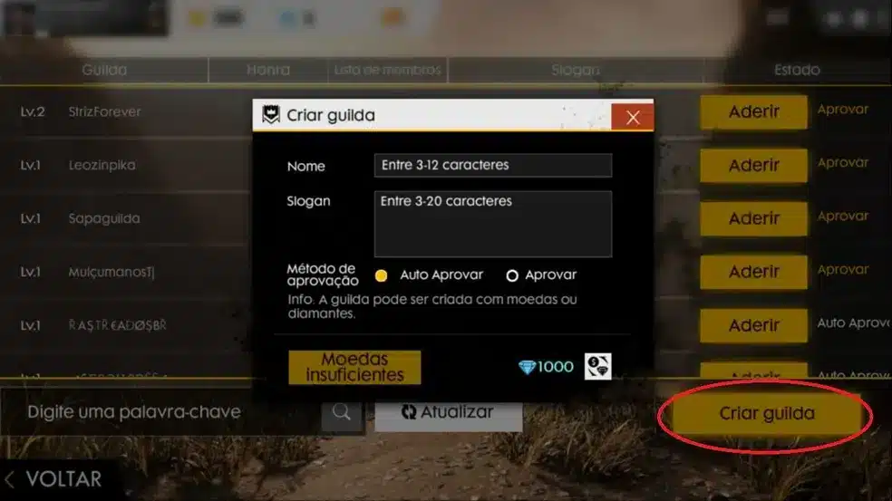 Foto tutorial de como criar uma Guilda em Free Fire. (Divulga&ccedil;&atilde;o / Internet)