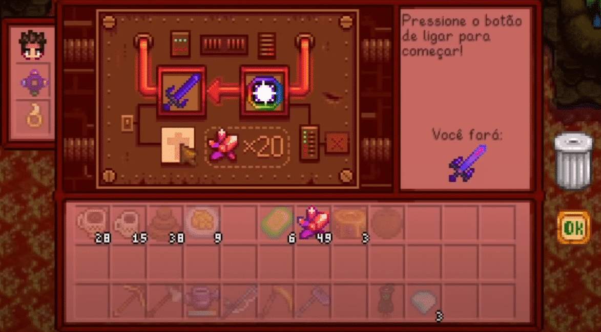 Imagem de um jogador criando de uma da L&acirc;mina do Infinito de Stardew Valley. (Divulga&ccedil;&atilde;o / Internet)