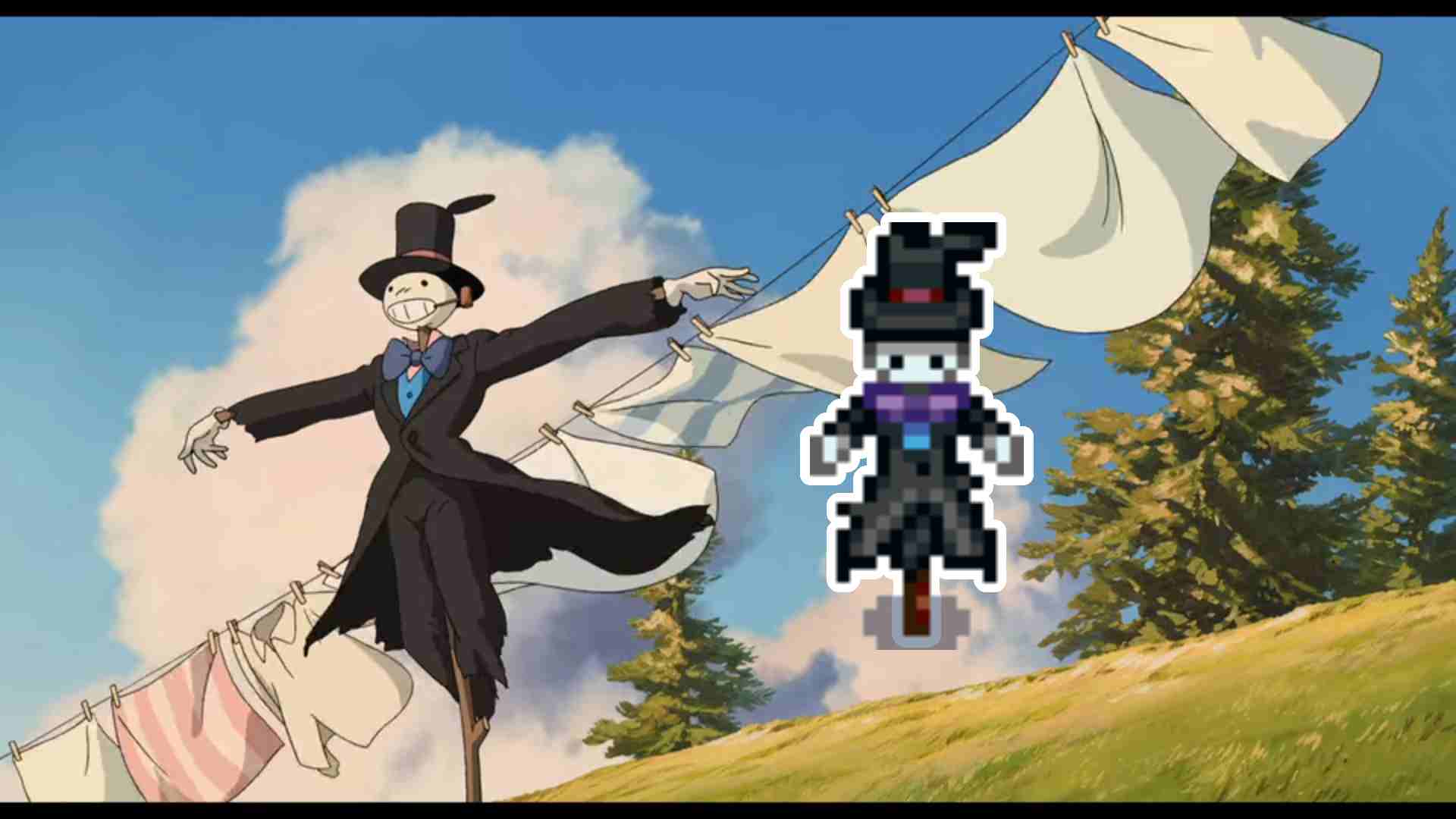 Imagem do personagem "Cabe&ccedil;a de Nabo" ao lado do espantalho de Stardew Valley. (Divulga&ccedil;&atilde;o / Internet)