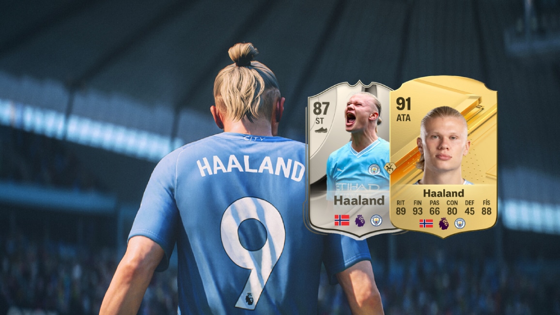 Montagem com Haaland de FC 24 de costas e suas duas cartas lado a lado