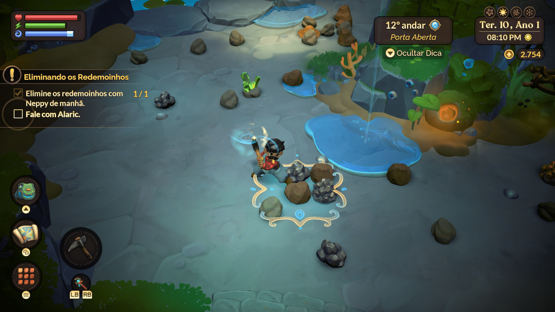 Screenshot de um personagem minerando em Fae Farm