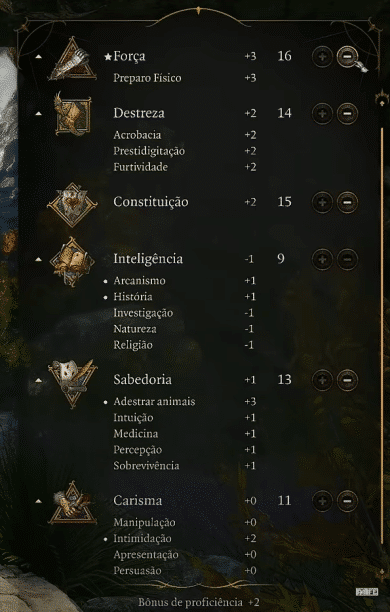 Foto ilustrativa de todos os atributos e subatributos de Baldur's Gate 3. (Divulga&ccedil;&atilde;o / Internet)