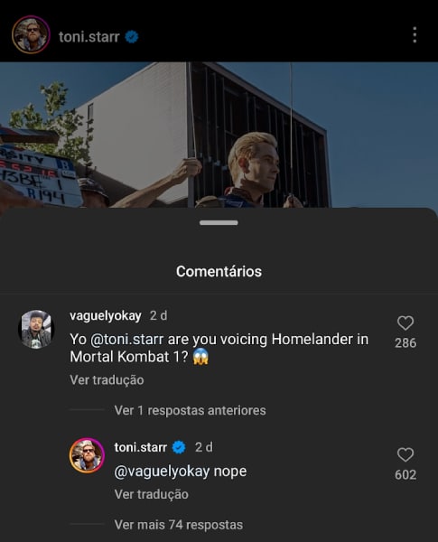 Screenshot do perfil de Antony Starr, ator de Capit&atilde;o P&aacute;tria, futuro lutador de Mortal Kombat 1