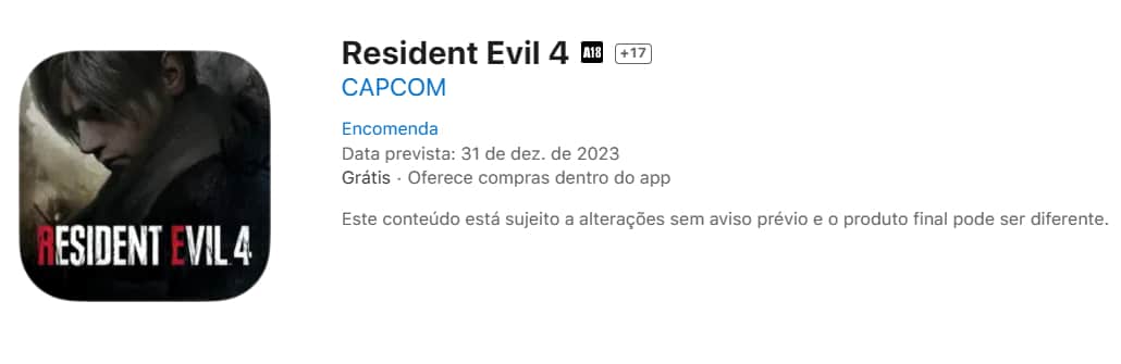Screenshot da p&aacute;gina de Resident Evil 4 na App Store