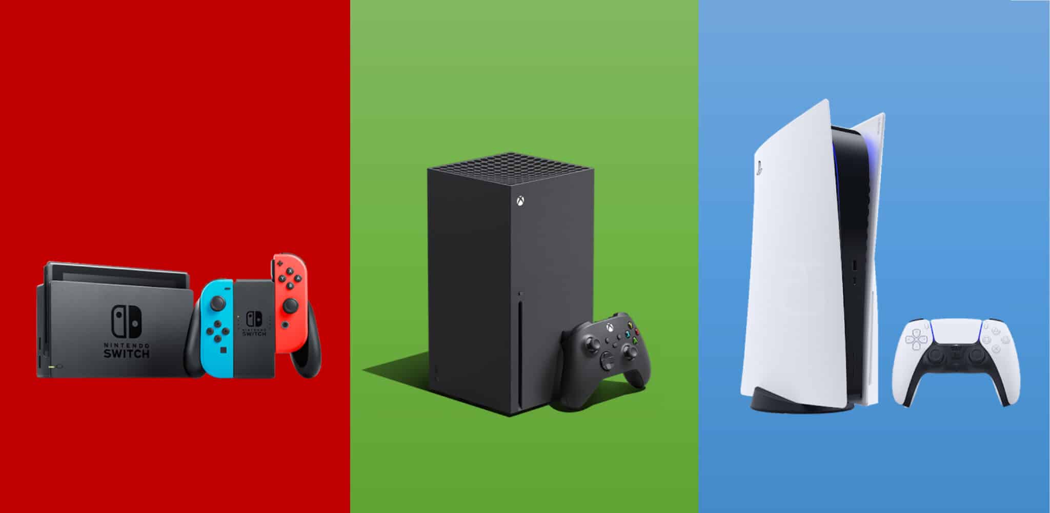 Montagem com imagens do Nintendo Switch, Xbox Series X e PlayStation 5