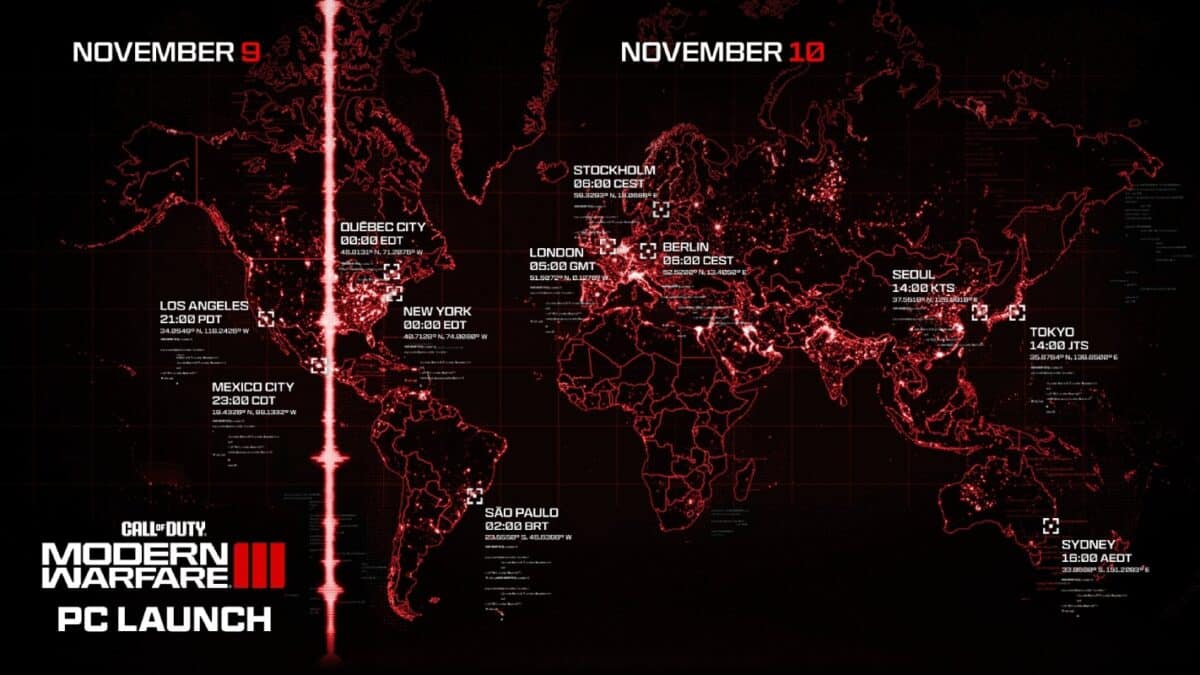 Imagem do mapa-m&uacute;ndi com os hor&aacute;rios de lan&ccedil;amento de Call of Duty: Modern Warfare 3