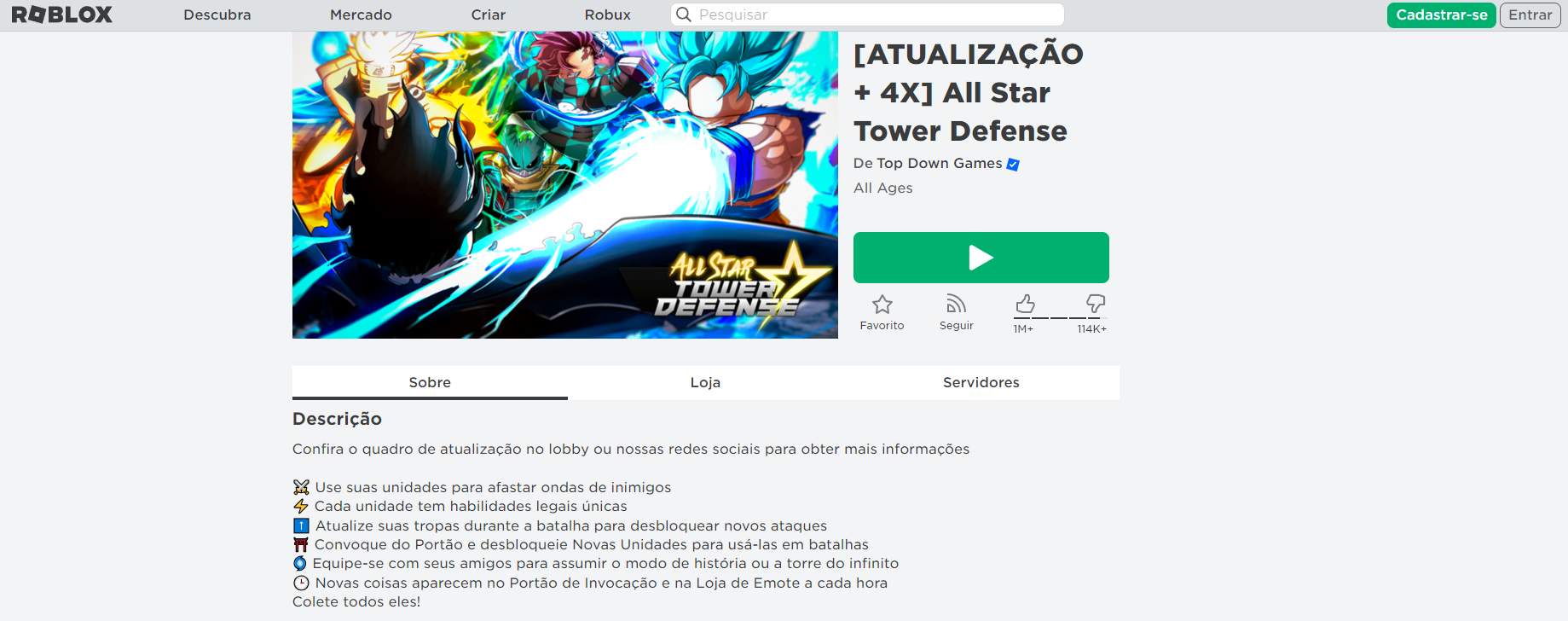 Interface do minigame do Roblox "All Star Tower Defense (ASTD)". (Divulga&ccedil;&atilde;o / Internet)