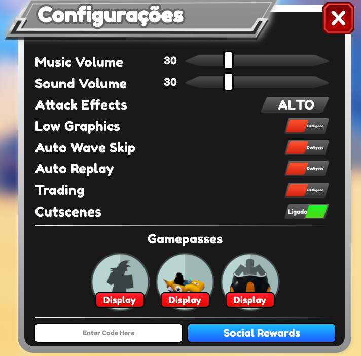 Interface do Menu de Configura&ccedil;&otilde;es e ativa&ccedil;&atilde;o de codes All Star Tower Defense.