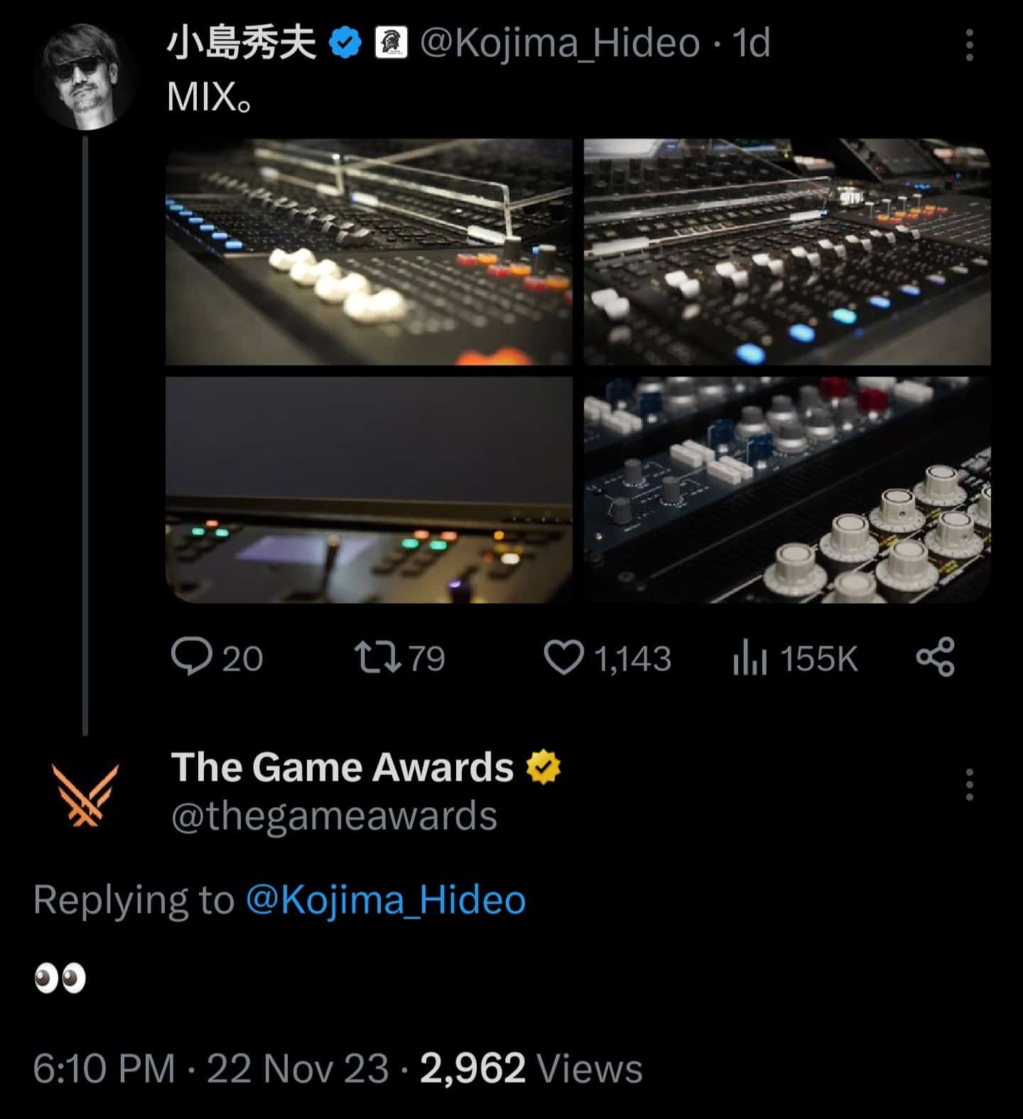 Screenshot da publica&ccedil;&atilde;o de Hideo Kojima e o coment&aacute;rio do The Game Awards 2023